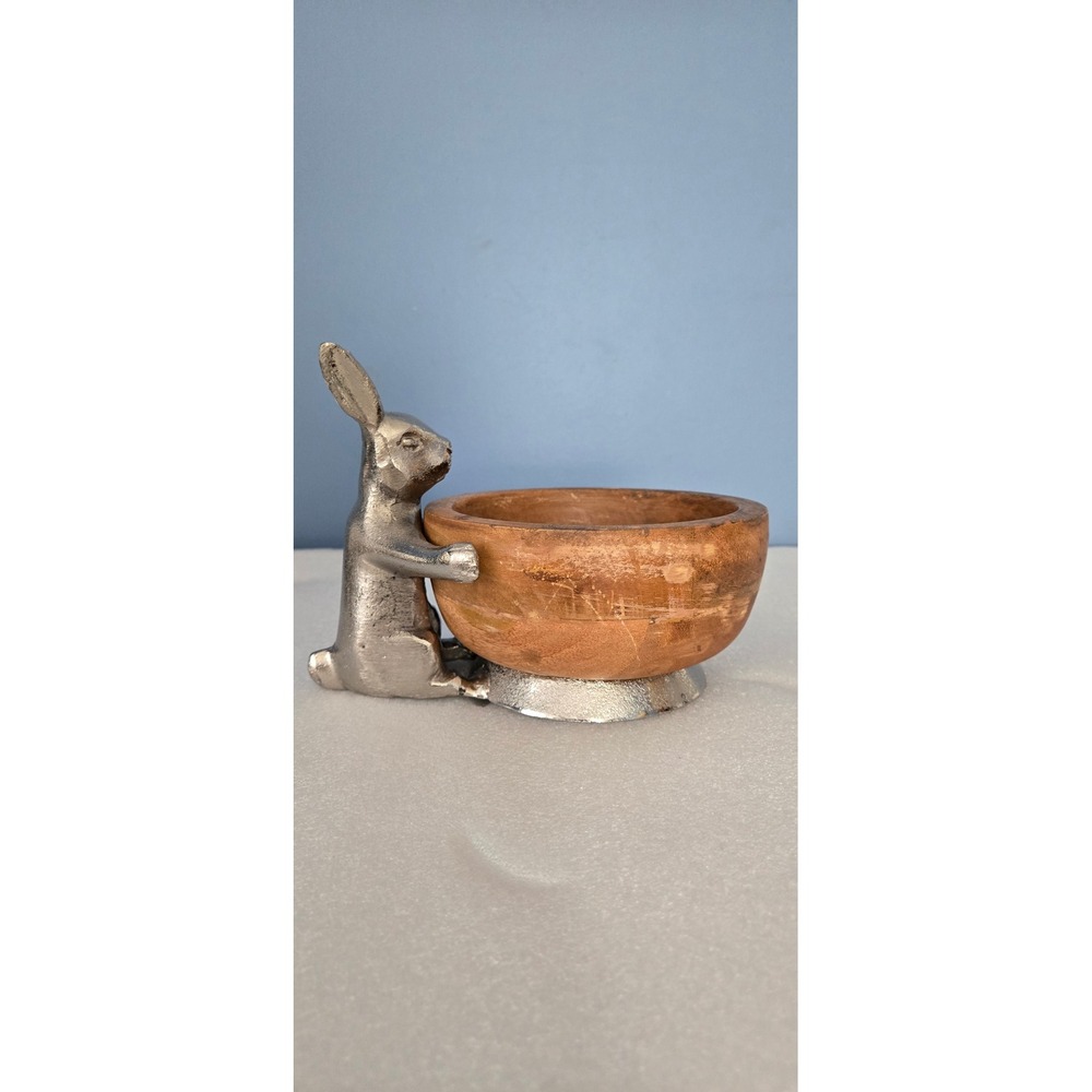 Silver Metal Rabbit Holding Wood Bowl Decorative Trinket Dish Easter Decor